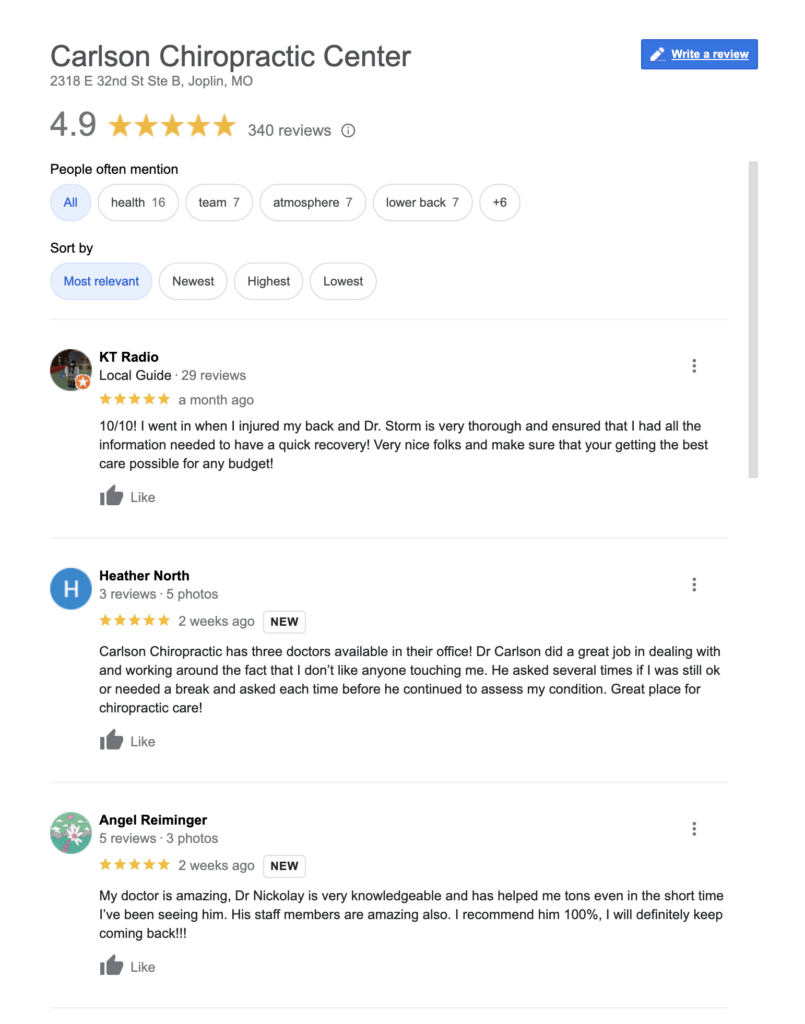 Google Review joplin missouri chiropractor